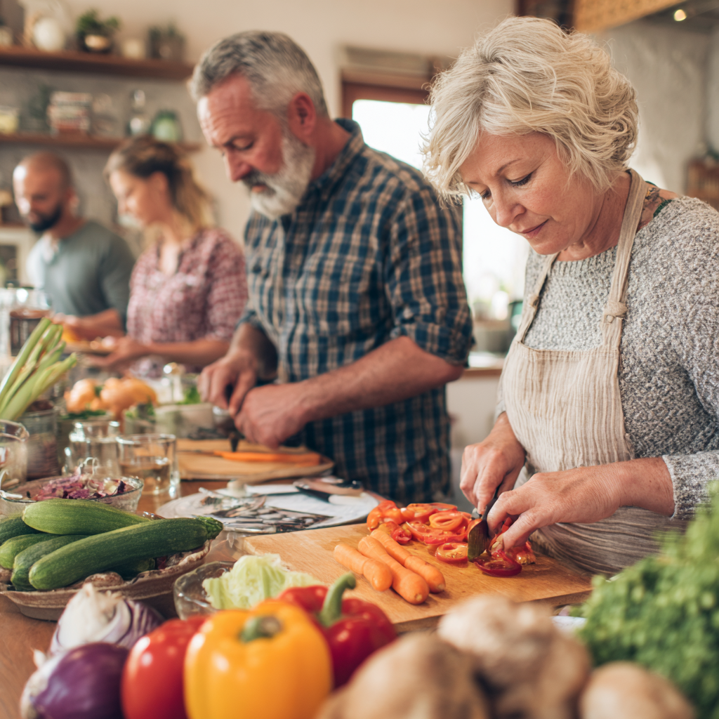 Middle-aged adults preparing healthy meals in a bright kitchen, focusing on fresh vegetables and organized meal planning
