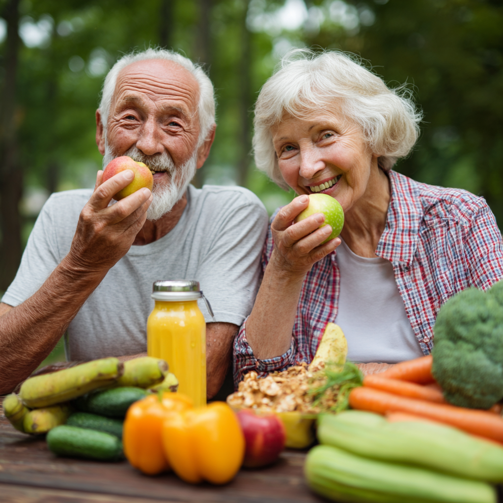 Older adults enjoying active lifestyle outdoors with healthy snacks, demonstrating balanced nutrition approach
